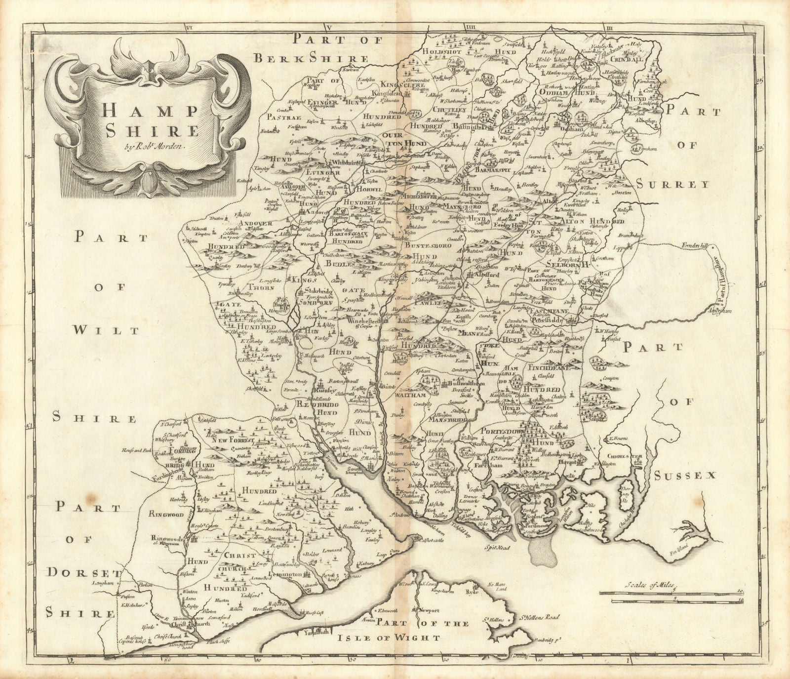 Hampshire. 'HAMP SHIRE' by ROBERT MORDEN from Camden's Britannia 1695 old map